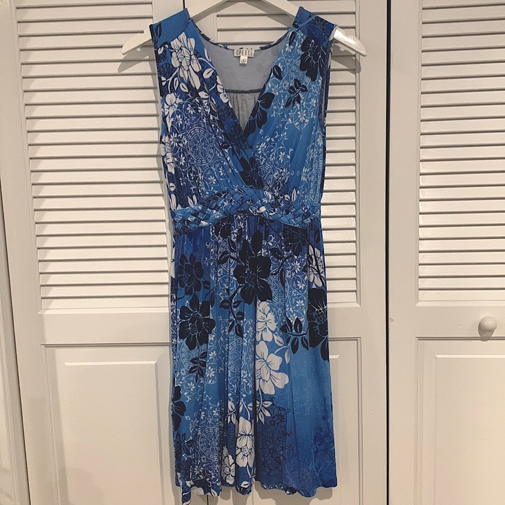 Spense Blue and White Floral V-Neck Sleeveless Small Dress